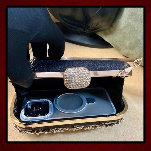 Crystal Rhinestone Embellished Black Evening Bag w/Handle & Chain Strap NWT - Picture 11 of 16